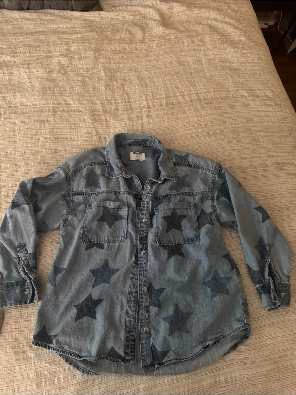 Girls Denim Star Button-Up Shirt - Light Blue